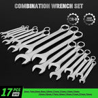 30-Piece Combination Wrench Set, Metric (6mm-24mm) & SAE (1''-1/4"), Standard Spanner Wrench Set, Mechanic Tool Sets with Rolling Pouch, Open End Wrenches for Household, Garage, Workshop, Auto Repairs