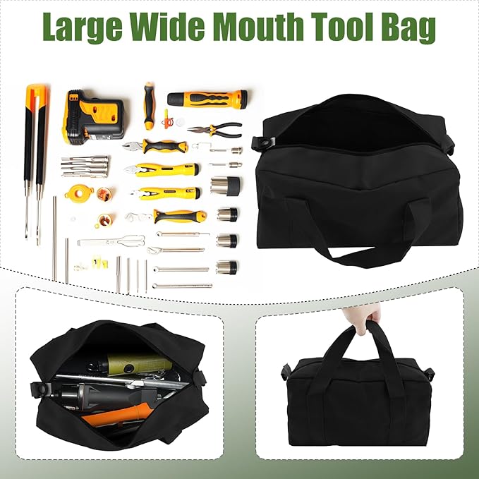 Small Tool Bag,Close Top Wide Mouth Tool Organizer Bag,Large Capacity Tool Bags for Men,Canvas Tool Storage Bag for Storage Handbag for Screwdrivers,Wrench,Pliers Hand Tools (black, 12 Inch)