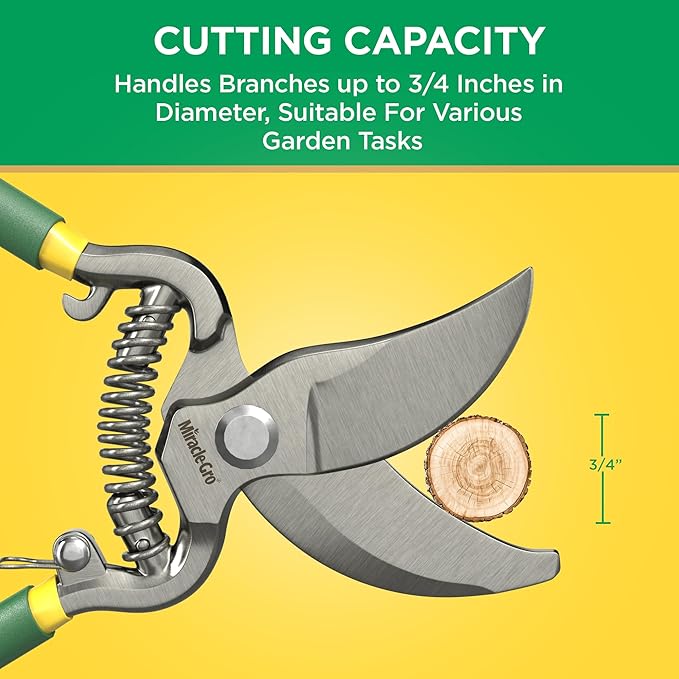 Miracle-Gro 8 in. Bypass Pruning Shears with Belt Pouch – 1/2 in. Cutting Capacity Hand Pruner with Carbon Steel Blade and Comfort Grip – Garden Tool for Live Plants and Soft Stems