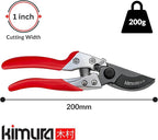 Kimura® 8" Pro Bypass Pruning Shears, Heavy Duty Japanese SK5 Steel Blades, 1 inch Cut Capacity, Non-Slip PVC Coated Handles, Lightweight & Ergonomic, Japanese Pruners, Professional Garden Clippers