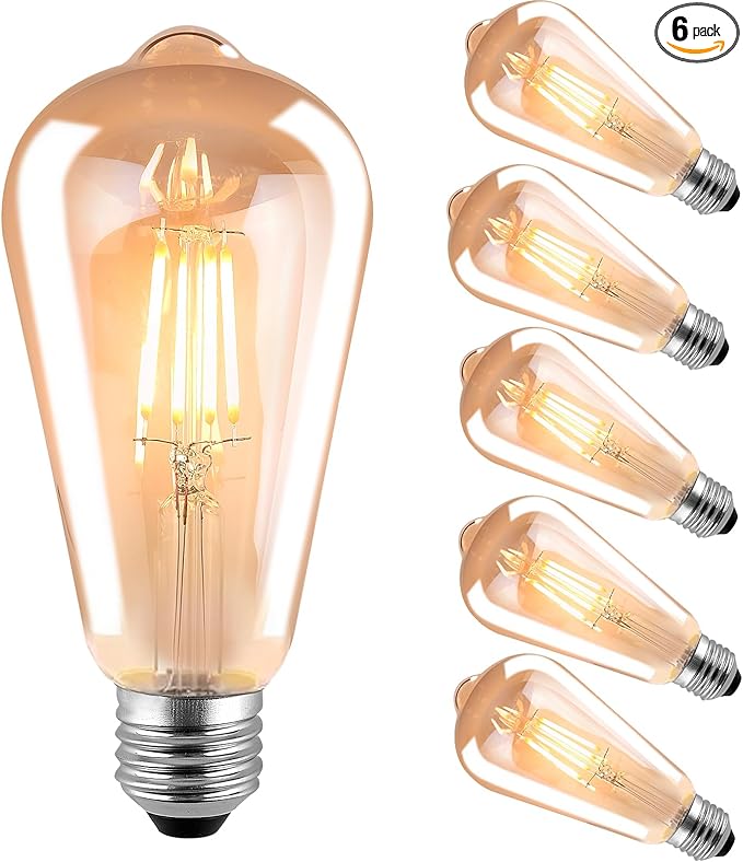 HESSION ST64 LED Edison Bulbs, 4W Equivalent 40W, Soft Light Amber Glass 2700K, LED Filament Bulbs with 90+ CRI E26 Medium Base, Dimmable Light Bulb for Home Lamp, Wall Sconce, Chandelier, 6 Pack
