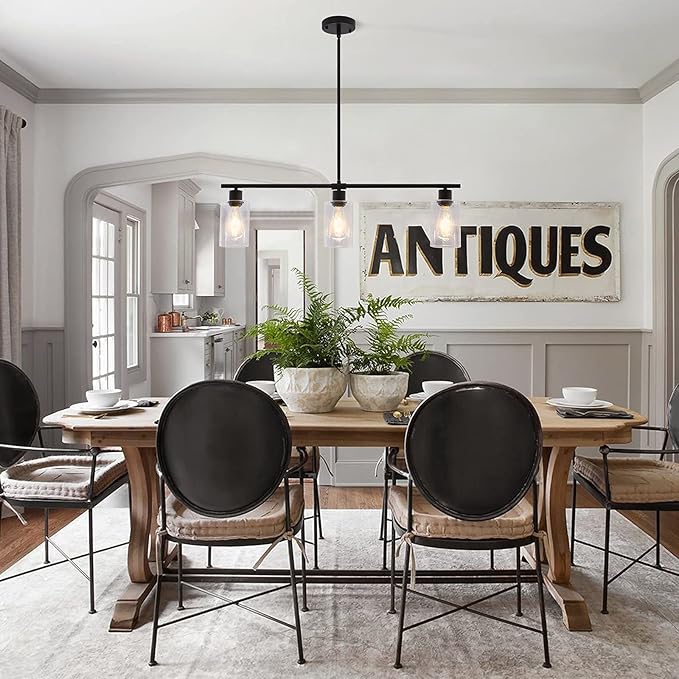 Black Kitchen Island Lighting 3-Light Modern Pendant Light Fixture with Glass Shades Rustic Farmhouse Chandelier Hanging Light Fixtures for Kitchen Island Living Dining Room Bedroom Foyer