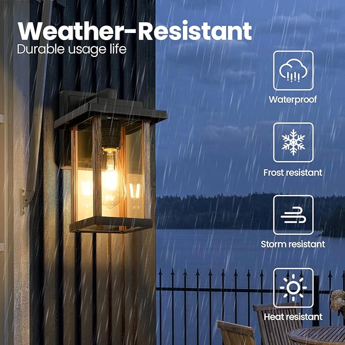 Outdoor Wall Sconce, Outside Porch Light Fixtures, Wall Mount Anti-Rust Exterior Wall Lights in Wood Grain Finish & Black Finish with Clear Glass for Garage Doorway Entryway