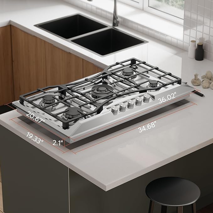 Empava 36 in. Gas Stove Cooktop 5 Italy Sabaf Sealed Burners NG/LPG Convertible in Stainless Steel, 36 Inch