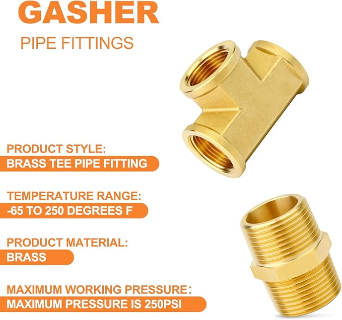 GASHER 2PCS Brass Tee Pipe Fittings, 3/4" NPT Female x 3/4" NPT Female x 3/4" NPT Male Pipe Fittings, Male Run Tee