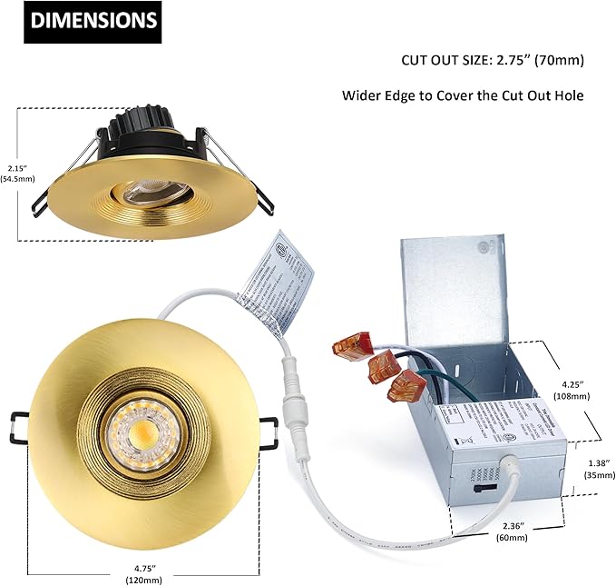 Premium 4-inch LED Recessed Lights - 5 CCT 4 Inch Eyeball Ceilling Gimbal Potlight, Dimmable Recessed Lights Fixture with Junction Box, 8W CCT Adjustable, Shiny Gold, with Baffle, 6P