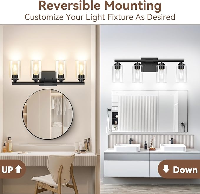 4-Light Bathroom Light Fixtures, 27" Modern Vanity Lights Over Mirror with Clear Glass Shades, Matte Black Light Fixture, Classic Wall Light Fixture for Mirror Living Room Cabinet Bedroom Porch