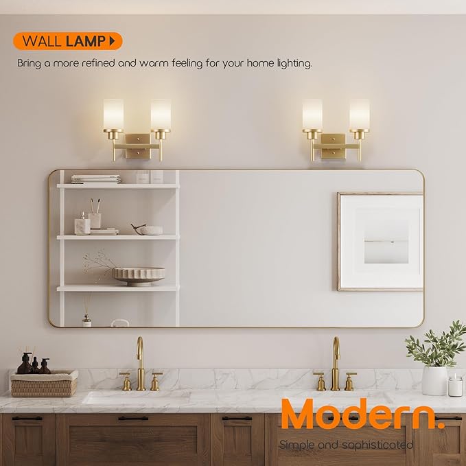Vanity Lighting Fixtures with White Frosted Glass Shade, Double Wall Lamps for Bathroom Mirror Bedroom Living Room Washroom Porch, Gold T001GD-L2