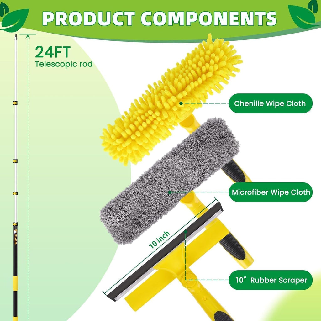 284'' Window Squeegee with Telescoping Extension Pole, 2 in 1 Shower Cleaning with Telescopic Pole, Extension Washing Tool with Rotating Head for Indoor/Outdoor High Window Glass