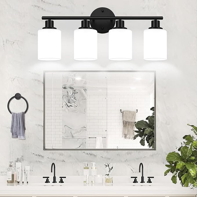 4-Light Bathroom Light Fixtures, Black Modern Vanity Lights with Milky White Frosted Glass Shades, Bathroom Wall Lamp for Mirror Kitchen Living Room