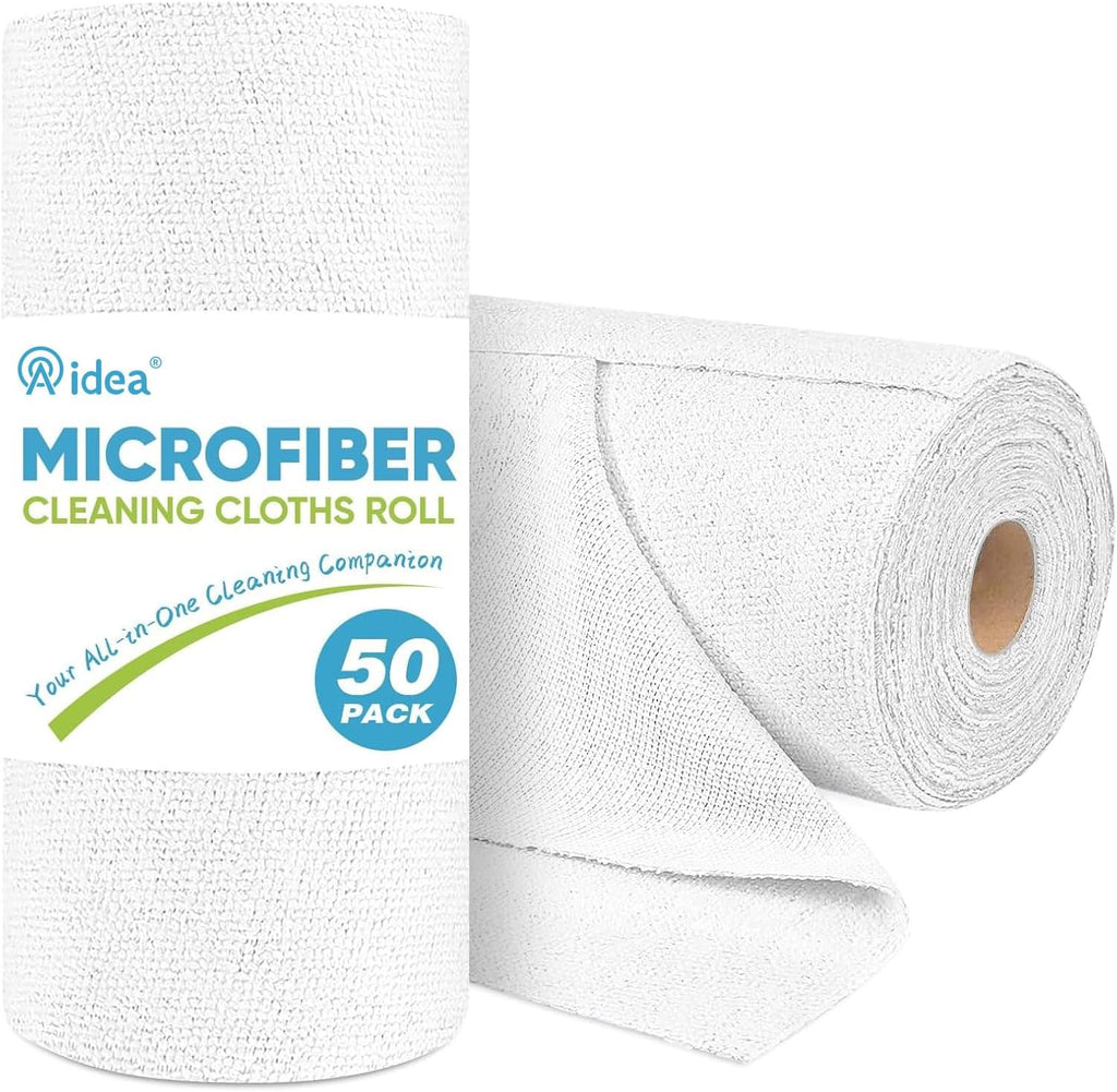 AIDEA Microfiber Cleaning Cloth Roll, White 50PK, Tear Away Reusable Paper Towels, Commercial Shop Rags, Microfiber Towels for Cars, Lint Free Rags for House, Kitchen, Automotive, 11.5"×11.5"