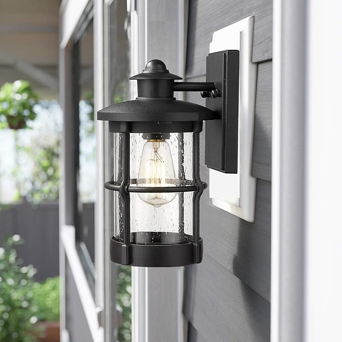 Outdoor Wall Sconces, Outdoor Wall Lights, Exterior Wall Mount Lighting, Exterior Fixture in Black Finish with Seeded Glass for Porch, Garage, Patio, Hallway, Entryway, Black 1 Pack