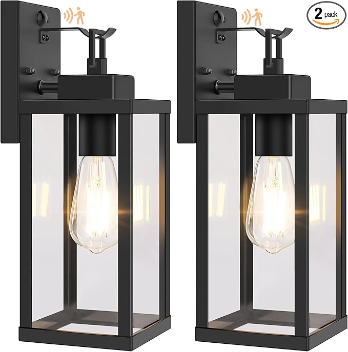 BesLowe 14” Upgraded Motion Sensor Outdoor Wall Lights, Dusk to Dawn Porch Lights Outdoor Wall Sconces, 3 Lighting Modes Exterior Lighting Fixtures with Hooks, Black Outside Lights for House, 2-Pack