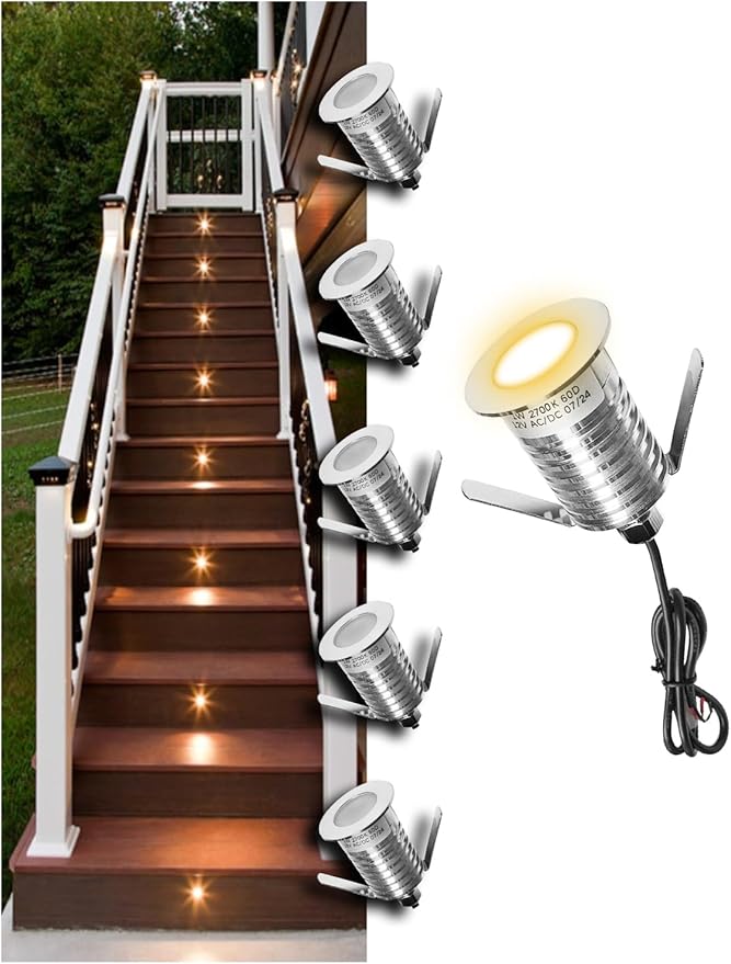 Low Voltage Deck Light 6-Pack, 1W 2700K 80 Lumens 12V Landscape Lighting, Recessed LED Outdoor Step Stair Lights, Full 304 Stainless Steel Deck Lighting Wired for Outside Yard (SG07, 6-Pack 2700K)