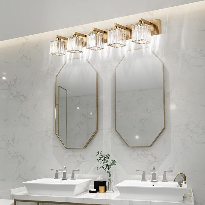 Aipsun Bathroom Vanity Lights Fixtures Crystal Vanity Light 5 Light Modern Brass Bathroom Lighting Fixtures (Exclude Bulb)