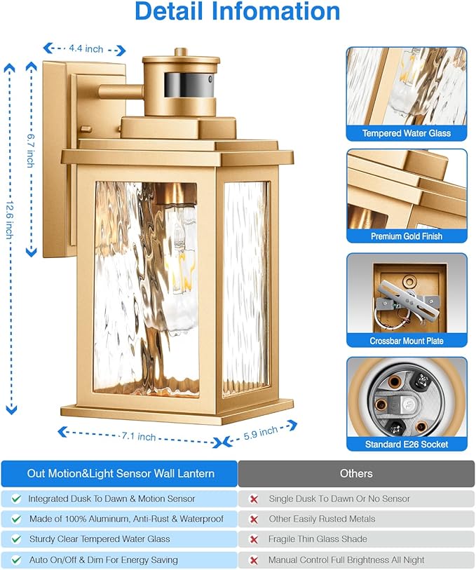 VIANIS 2 Pack Motion Sensor Outdoor Lights Lantern, Dusk to Dawn Exterior Lights for House, Gold Anti-Rust Porch Lights Sconce, Garage Lights Wall Mount for Patio, Doorway, UL Listed