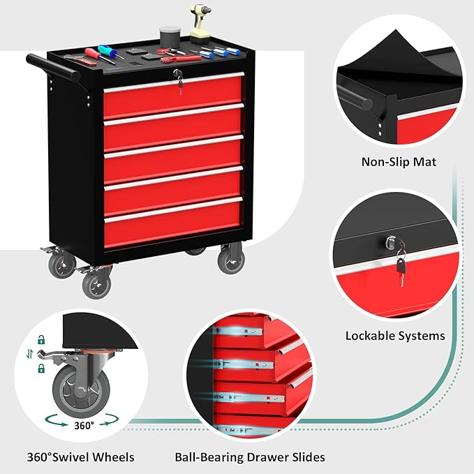 5-Drawer Rolling Tool Chest Toolbox, Rolling Tool Box with Wheels, Tool Chest with Keyed Locking System and Drawer Liners, Tool Box Organizer for Garage, Warehouse, Workshop(BlackRed)