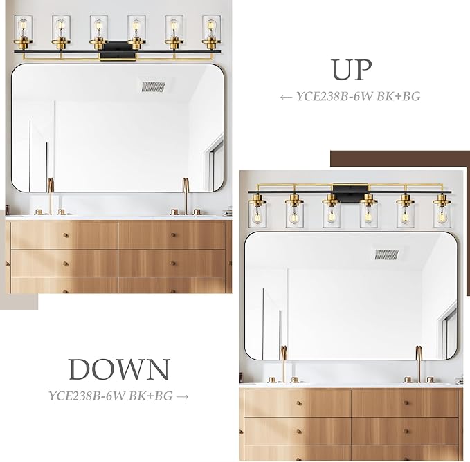 Emliviar Large 6-Light Farmhouse Bathroom Sconces Wall Lighting for Living Room, Modern Vanity Light Over Mirror with Clear Glass Shades, Black and Gold Finish, YCE238B-6W BK+BG