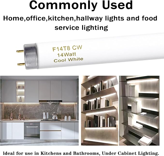 amgolibi F14T8/CW 14W Fluorescent Tube, T8 Fluorescent Light Bulb 4100K 14 Watt, 15 Inches, G13 Medium Base, 650 Lumen, 6 Pack