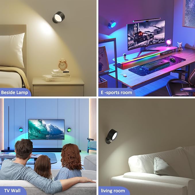 Lightbiz LED Wall Lights with Remote, RGB Ambience Wall Sconces Lamp 3000mAh Rechargeable Battery Operated, 3 Color Temp & Dimmable Magnetic 360° Rotation Cordless Light for Living Room Bedside
