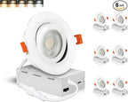 CLOUDY BAY Eyeball 4 inch 5 Color Gimbal LED Recessed Light with Junction Box, 9.5W CRI90+ 2700K/3000K/3500K/4000K/5000K Selectable,Dimmable, Canless Recessed Spotlights, Damp Rated, White,Pack of 6