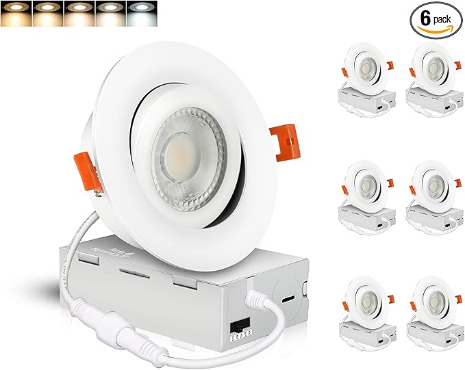 CLOUDY BAY Eyeball 4 inch 5 Color Gimbal LED Recessed Light with Junction Box, 9.5W CRI90+ 2700K/3000K/3500K/4000K/5000K Selectable,Dimmable, Canless Recessed Spotlights, Damp Rated, White,Pack of 6
