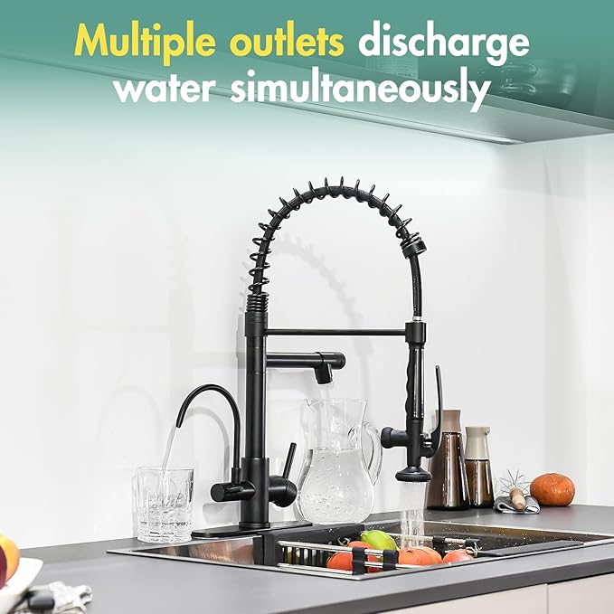 Fapully Commercial Kitchen Faucet with Pull Down Sprayer and Water Filter, Matte Black 3 in 1 Kitchen Faucets with Drinking Water Faucet