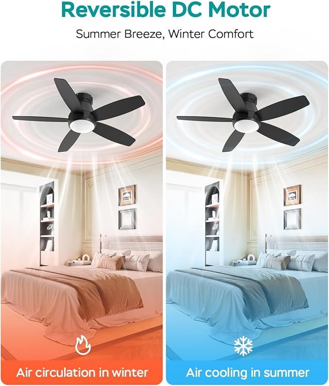 Ceiling Fans with Lights, 42 inch Ceiling Fans with Lights and Remote, Dimmable, Noiseless, Low Profile Ceiling Fan with Light for Bedroom, Indoor and Outdoor Use(Black)