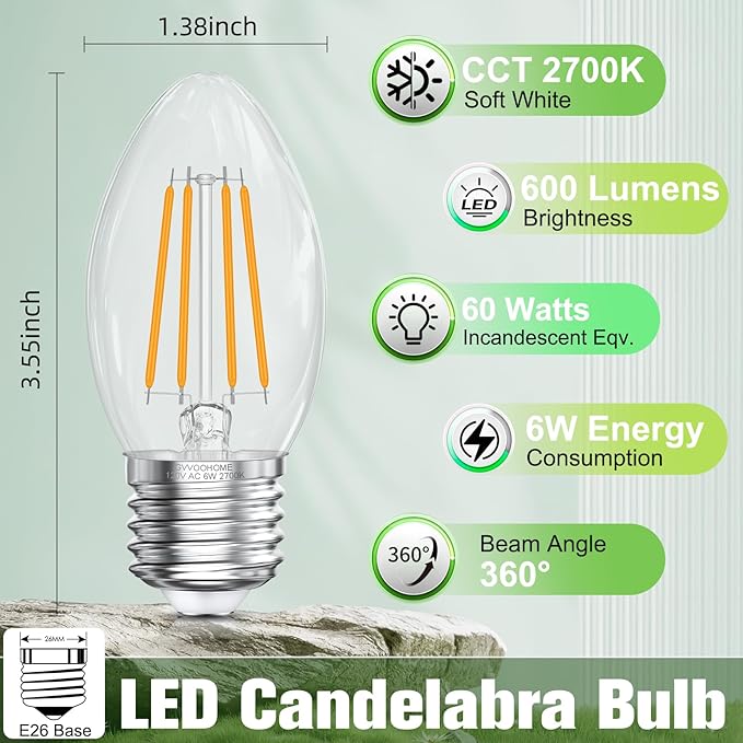 E26 Base LED Candelabra Light Bulbs 2700K Soft White, 6W, 60 watt Equivalent, E26 LED Bulb, B10 Chandelier Candle Light Bulbs, Non-Dimmable, 90+CRI, 600LM, Cear Glass, 12 Pack