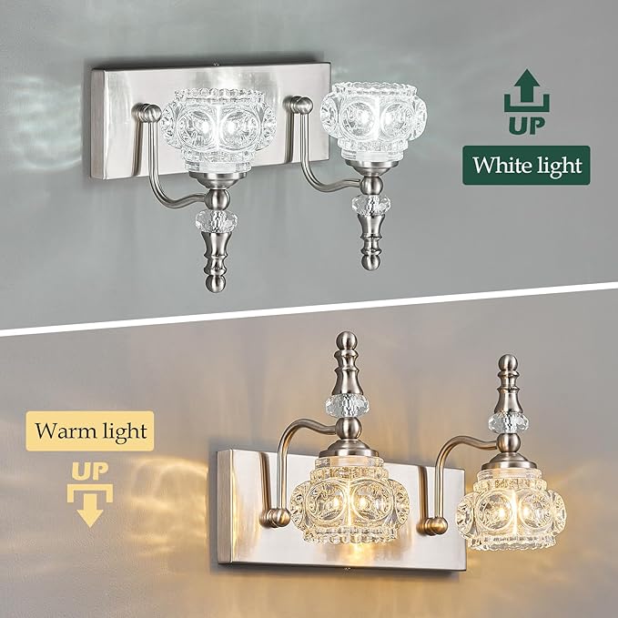 Modern Glass Crystal Vanity Light - Vintage Bathroom Lighting Fixtures Over Mirror, 2 Light Vanity Lights G9 Bulb (11.81 Inch, Nickel)