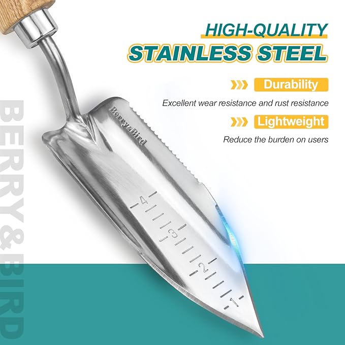 Berry&Bird Potting Trowel, Stainless Steel Serrated Hand Shovel, Wood Handle Garden Trowel Tool with Measuring Scale for Effortless Digging,Roots，Planting, Cutting and Transplanting