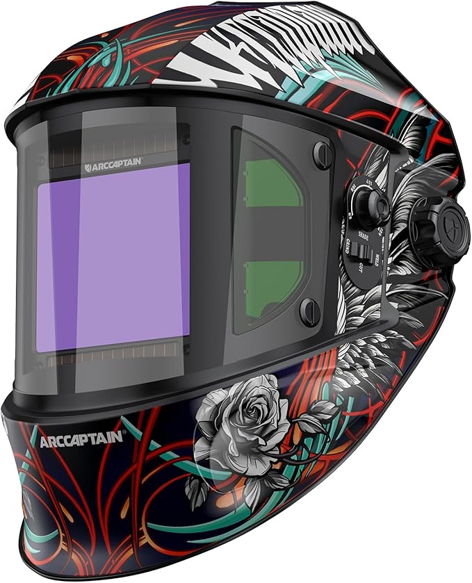ARCCAPTAIN Auto Darkening Welding Helmet with Side View, 180° Panoramic View, 1/1/1/1 True Color Large Viewing Welding Hood with 4 Arc Sensor Solar Powered, Wide Shade 4/5-9/9-13 for TIG MIG ARC CUT