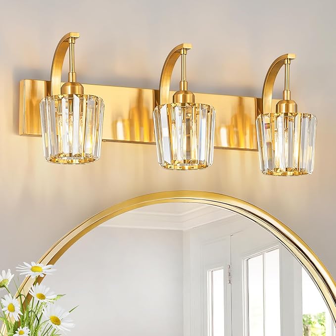 Modern Bathroom Vanity Light, 3-Light Gold Wall Sconce with Crystal Accents, Over Mirror Bathroom Lighting Fixture, 23.62" Long Dimmable Vanity Lamp for Makeup, Easy Installation