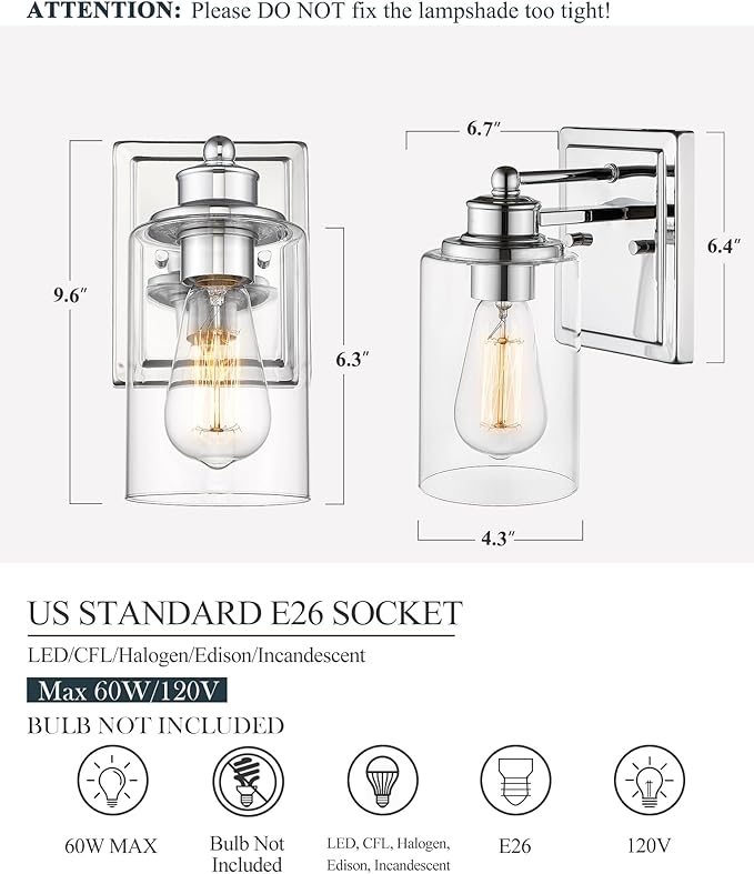 Bathroom Vanity Light Chrome, HWH Modern Wall Lighting Over Mirror, 1-Light Wall Sconce with Clear Glass Shade for Bathroom, Powder Room, Dressing Table, 5HLT63B CH