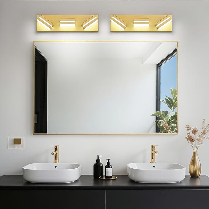 Modern LED Bathroom Lights Fixtures(3-Light),Metal Gold Acrylic Wall Lighting,Vanity Lights for Bathroom Over Mirror 6000k 16In