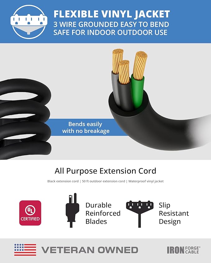 Iron Forge Cable 2 Pack 50 Ft Black Extension Cord with 3 Outlets - 16/3 SJTW 50 Foot Extension Cord 3 Prong, Weatherproof Power Cable for Outdoor