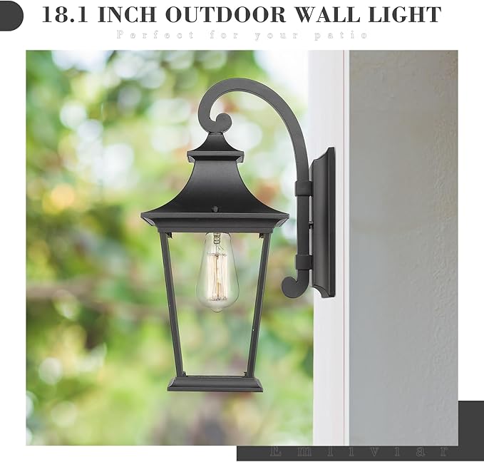 Emliviar Outdoor Wall Lantern, 1-Light Exterior Wall Mount Light with Clear Glass in Black Finish, 18" Height, 500181