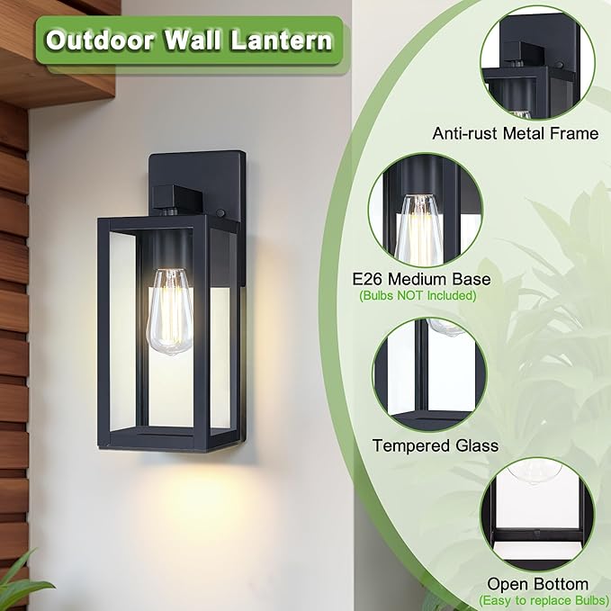 GRUENLICH Waterproof Large Outdoor Wall Lanterns, Modern Black Porch Sconces with Clear Glass Shade, E26 Socket Max 60W, IP65 Rated, Metal Frame, for Patio, Front Door, Entryway, 1-Pack