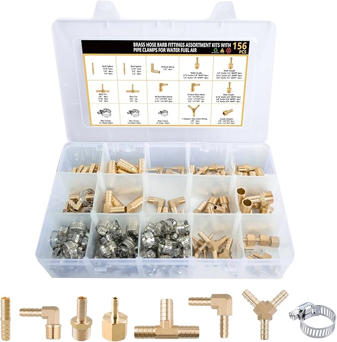 156Pcs Hose Barb Fuel Line Fittings Assortment Kit Barb Splice/Coupler/Female Adapter/Tee/Y Shaped Union/90°Male Elbow Thread 1/8" 3/16" 1/4" 5/16" 3/8" 1/2" Air Hose Fitting with Pipe Clamps for Fuel