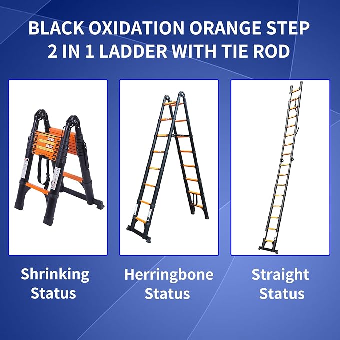 JADDUO Telescoping Ladder A Frame,18.5 Ft Compact Aluminum Extension Ladder,Portable Telescopic RV Ladder for Outdoor Camper Trips Motorhome with Tool Platform and Stabilizer Bar 330 lbs, Black Orange