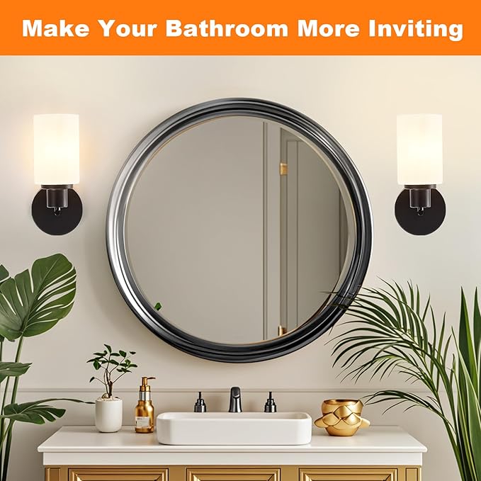 DLLT Wall Sconces Set of Two: Modern Bathroom Vanity Light Fixtures - Matte Black Vanity Lights with Milky White Glass Shade - Farmhouse Wall Lamp for Bedroom Living Room Mirror Hallway Kitchen