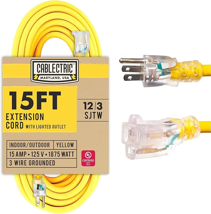 15 Ft Outdoor Extension Cord - 15 Amp 12/3 SJTW Heavy Duty Yellow 12 Gauge Lighted Electrical Cable with 3 Prong Grounded Plug
