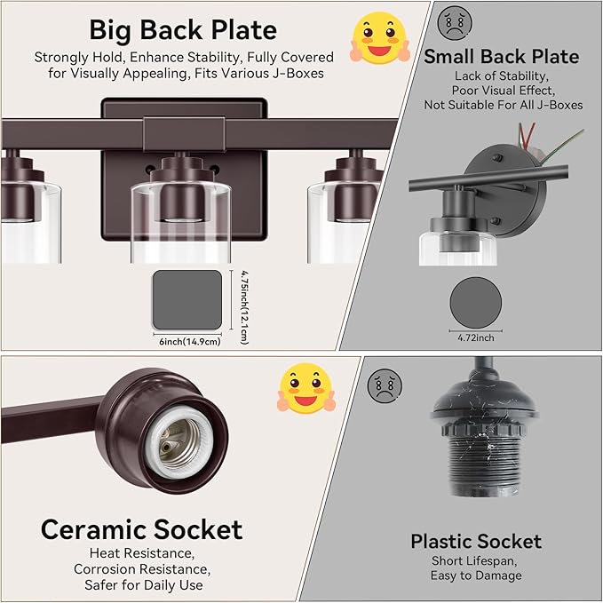 3-Light Bathroom Light Fixtures, 19" Modern Vanity Lights Over Mirror with Clear Glass Shades, Brown Light Fixture, Classic Wall Light Fixture for Mirror Living Room Cabinet Bedroom Porch