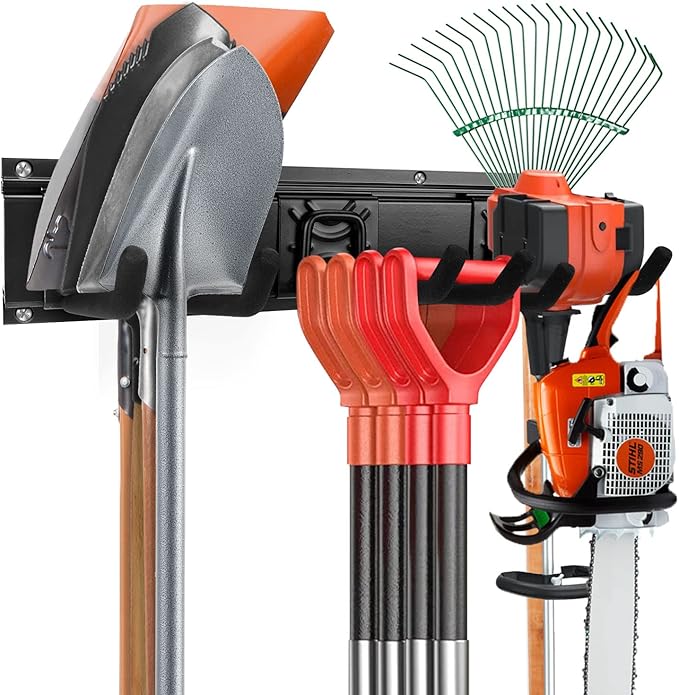 Garden Tool Rack Set, Garage Wall Organization Hanger with 3 Mop Holder and 6 Multi-Purpose Hooks, Garden Yard Shovels Rakes for String Hedge Trimmer Brooms Hoses Folding Chairs ladders, and More