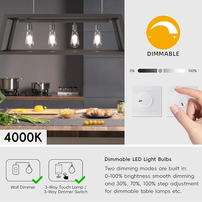 Jensense Edison LED Light Bulbs E26 Bulb 60 watt Equivalent Dimmable Light Bulbs 4000K Natural White Vintage 7W Edison Bulbs 110V 120V 800 Lumen CRI90, 1 Pack