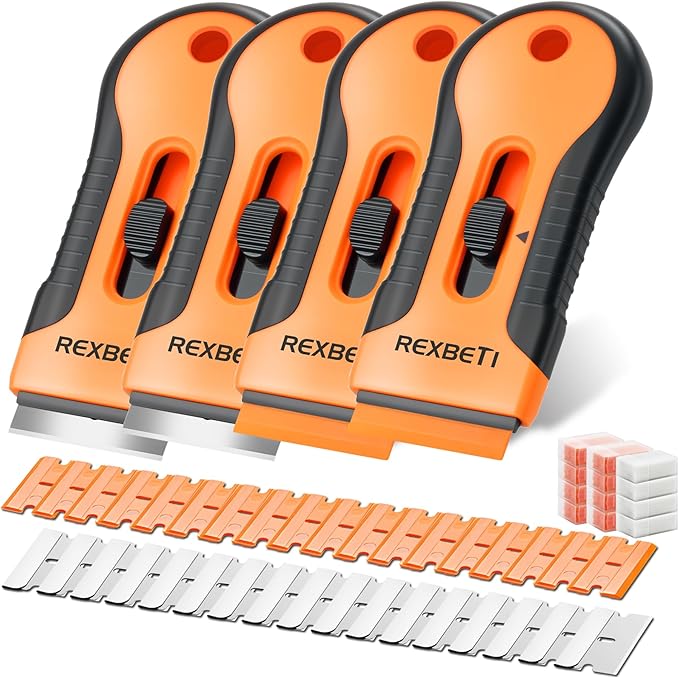 REXBETI Razor Blade Scraper Tool, 4 Pack Razor Scraper Set with Extra 120Pcs Razor Blades- 40Pcs Metal and 80Pcs Plastic Blades, Cleaning Scraper Tool, Cooktop Scraper, Paint Scraper, Glass Scraper