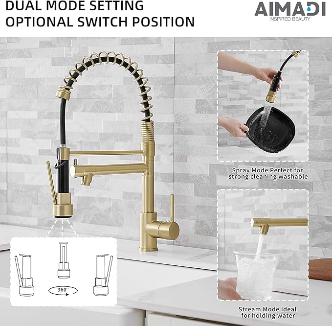 Brushed Gold Kitchen Faucet with Pull Down Sprayer, AIMADI Commercial Gold Kitchen Sink Faucet Single Handle Spring Two Nozzles Faucets