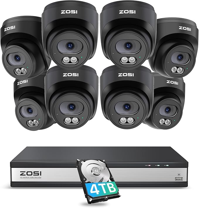 ZOSI C220 16CH 4K PoE Home Security Camera System, 16 Channel 4K 8MP NVR with 4TB HDD for 24/7 Record, 8 x 4MP(1440p) QHD 2.5K Dome IP Cameras Outdoor Indoor, Smart AI Human Detection, Two-Way Audio