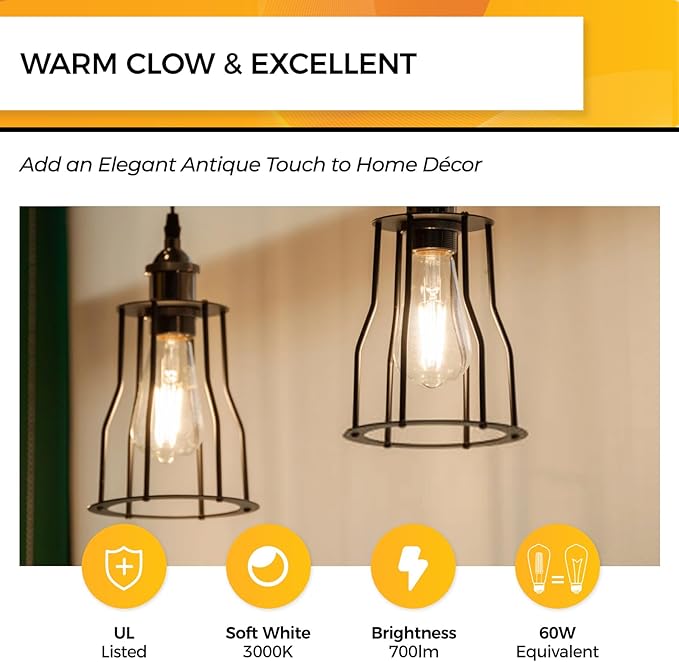 Hizashi Led Edison Bulbs Dimmable, 6W Equivalent 60W, 3000k Soft White, Vintage E26 Base Light Bulbs, 700LM, UL Listed, High CRI 95+ Eye Protection, Clear Glass, Pack of 18