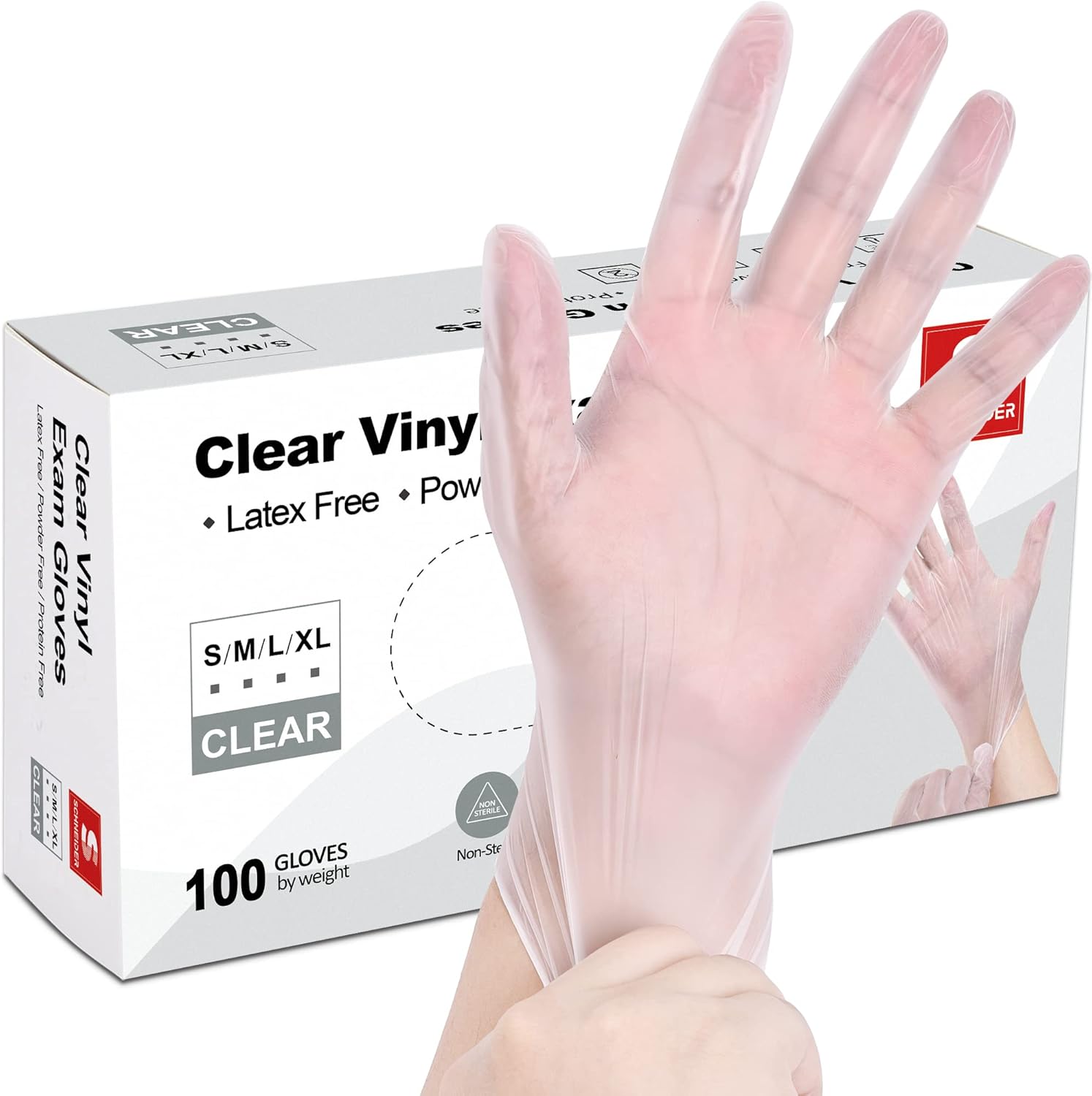 Schneider Clear Vinyl Exam Gloves, Latex-Free, Disposable Medical Gloves, Cleaning Gloves, Food Safe, Powder-Free, 4 mil